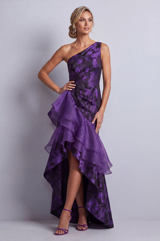 Dark Purple Floral High Low Mermaid Ruched Mother of the Bride Dress with Ruffles