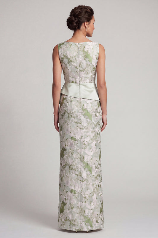 Sheath Light Green Floral Long Mother of the Bride Dress with Sash