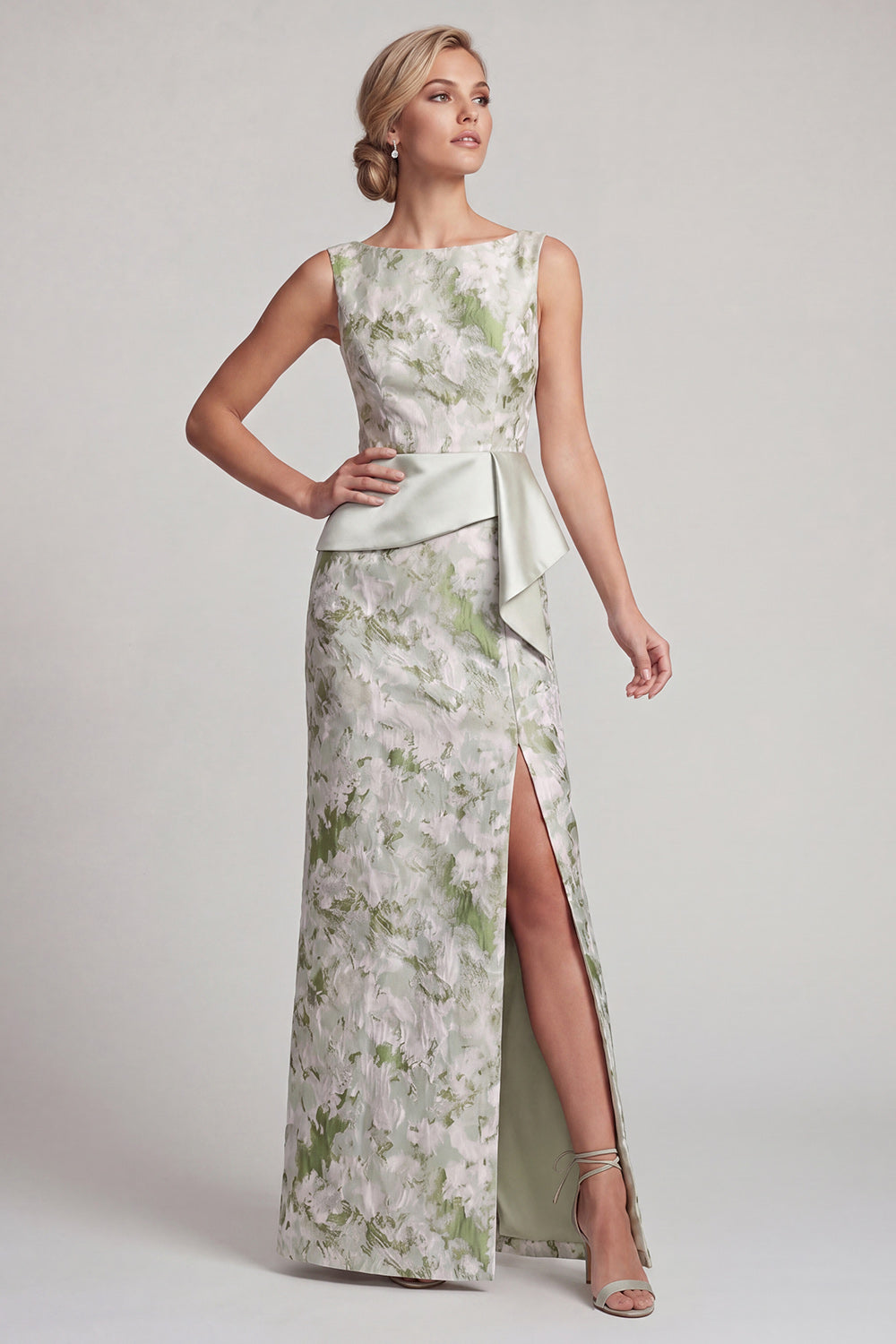 Zapakasa Women Light Green Long Floral Mother of the Bride Dress with Sash Boat Neck Ruched Sheath Wedding Guest Dress with Slit Zapakasa Women Light Green Long Floral Mother of the Bride Dress with Sash Boat Neck Ruched Sheath Wedding Guest Dress with Slit
