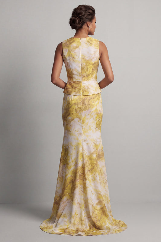 Floral Mermaid Long Printed Butter Yellow Mother of the Bride Dress with Sash