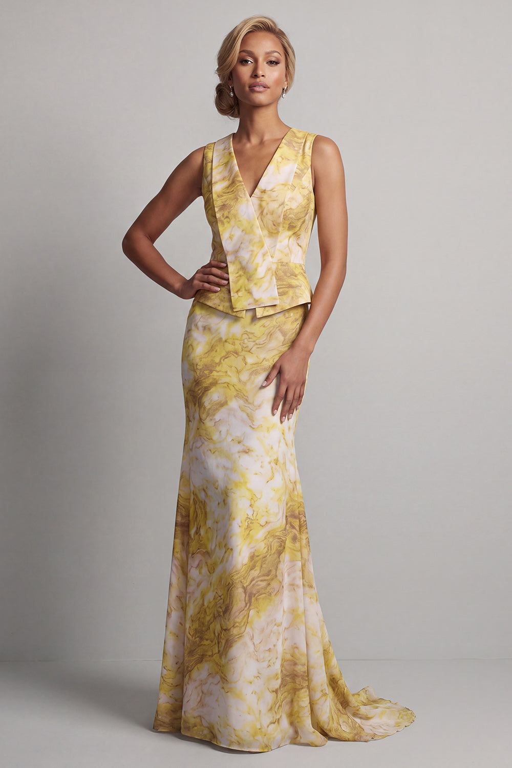 Floral Mermaid Long Printed Butter Yellow Mother of the Bride Dress with Sash
