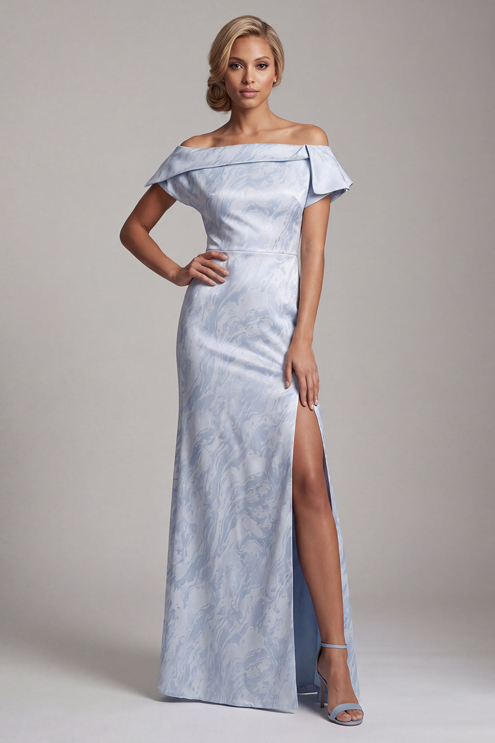 Zapakasa Women Sky Blue Long Floral Mother of the Bride Dress with Slit Off  the Shoulder Mermaid Wedding Guest Dress