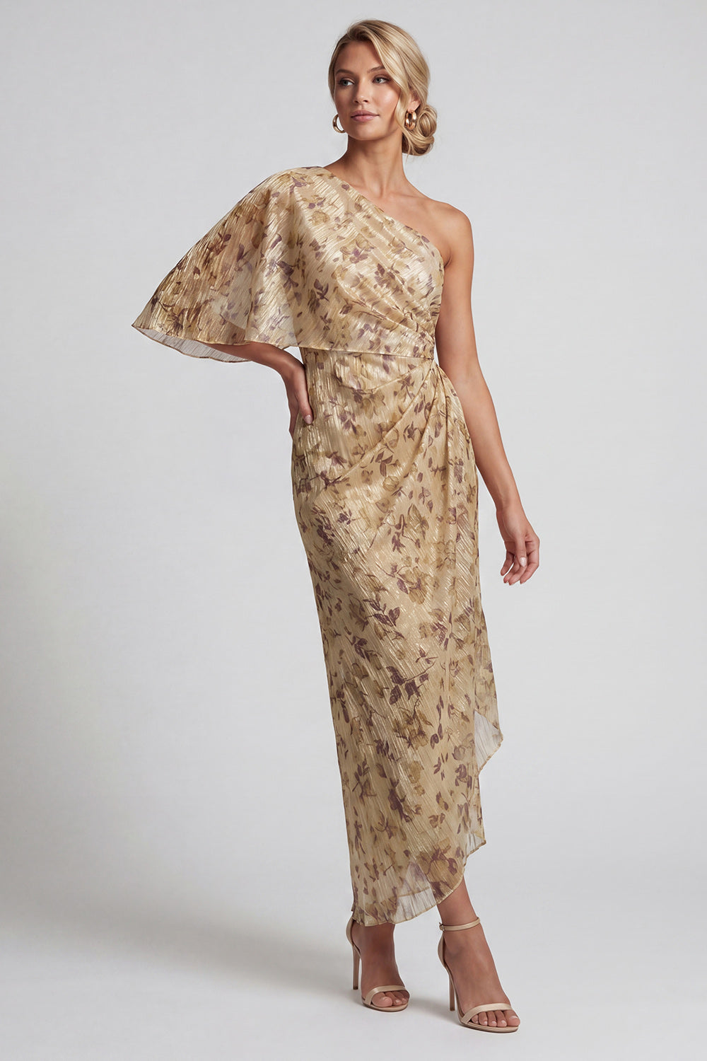 sachin and babi light blue dress Zapakasa Women Champagne Floral Long Mother of the Bride Dress with Side  Cape Ruched One Shoulder Sheath Beach Wedding Guest Dress