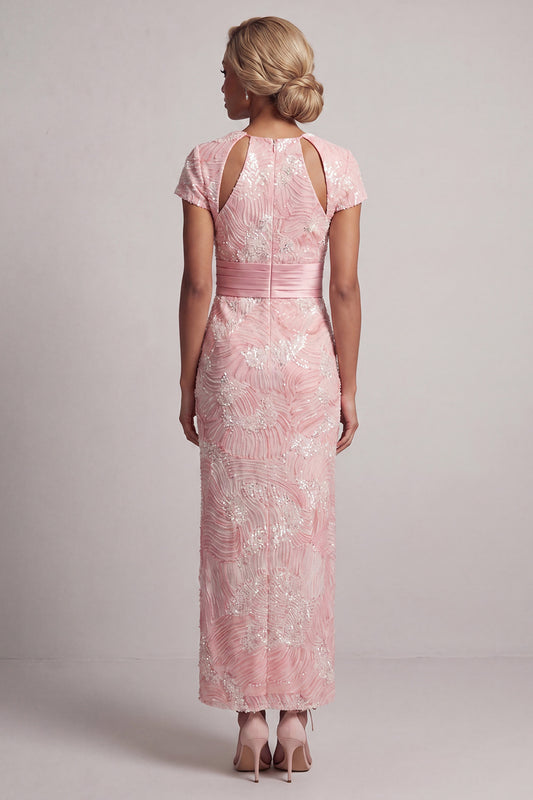 Long Sheath Short Sleeves Sparkly Blush Keyhole Beaded Mother of the Bride Dress