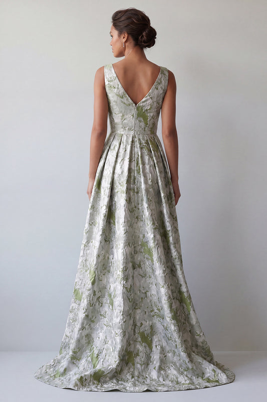 A Line Light Green Floral Long Ruched Mother of the Bride Dress with Pockets