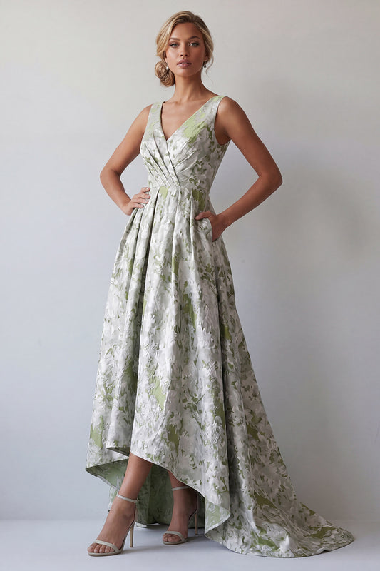 A Line Light Green Floral Long Ruched Mother of the Bride Dress with Pockets