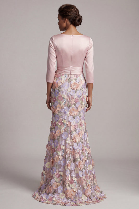 Boat Neck Blush Long Mermaid Floral Mother of the Bride Dress with Pockets