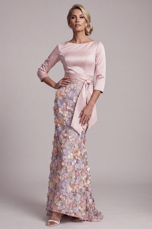 Boat Neck Blush Long Mermaid Floral Mother of the Bride Dress with Pockets