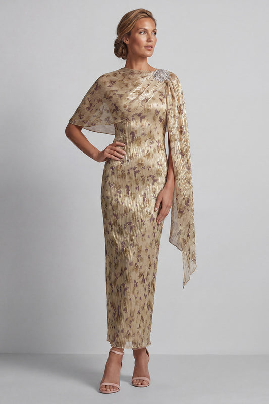 Champagne Beaded Sheath Long Floral Mother of the Bride Dress with Cape