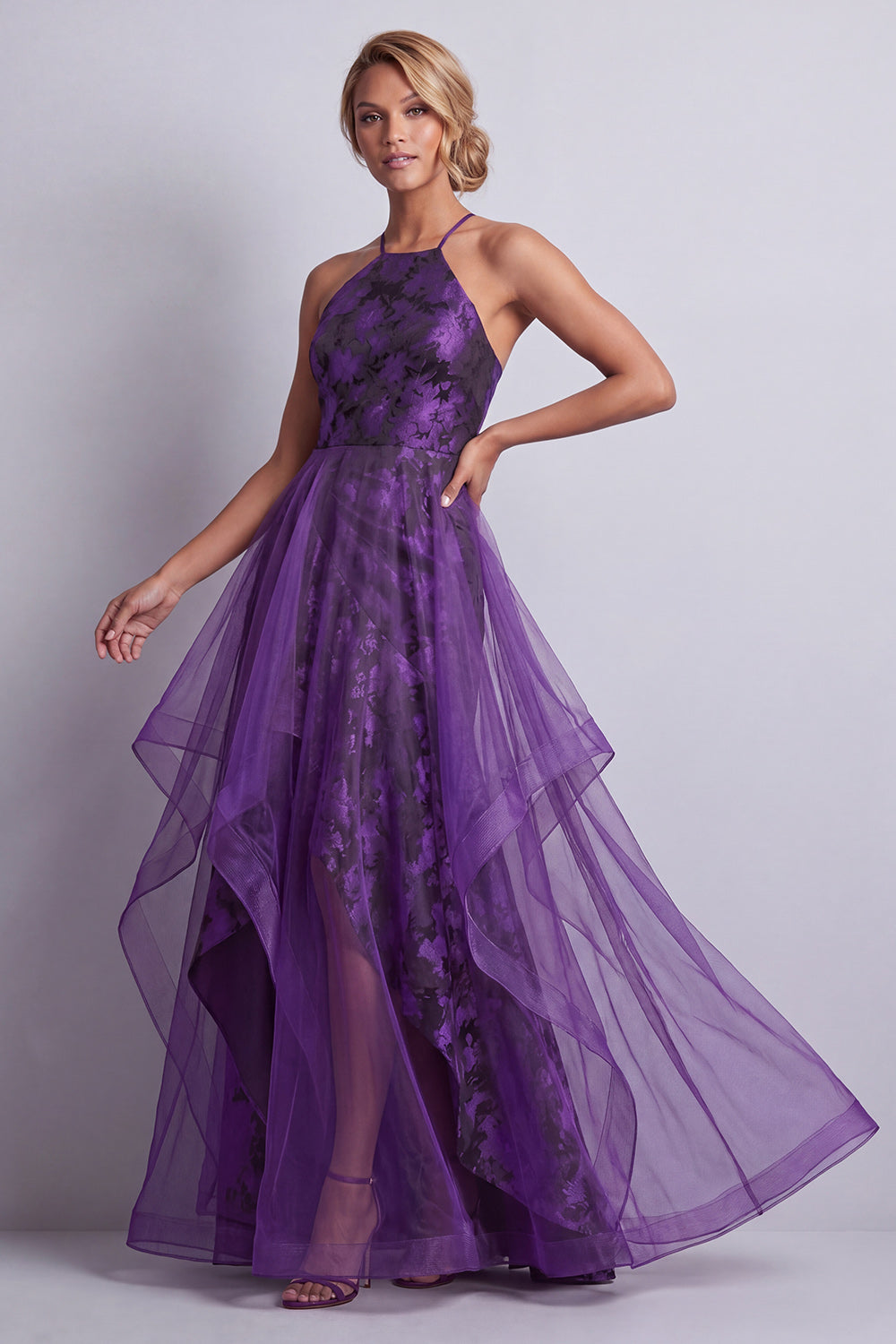 Zapakasa Women Dark Purple Floral Long Mother of the Bride Dress with  Ruffles A Line Halter Wedding Guest Dress