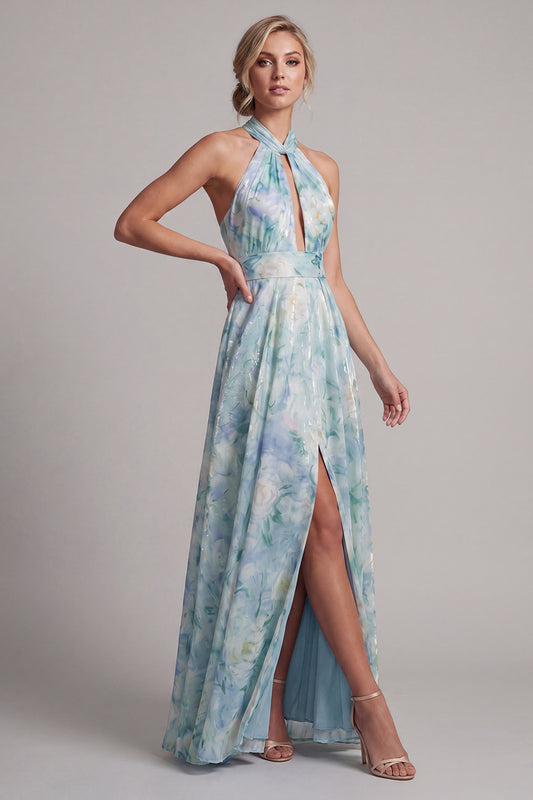 Keyhole A Line Light Green Floral Long Mother of the Bride Dress with Pockets