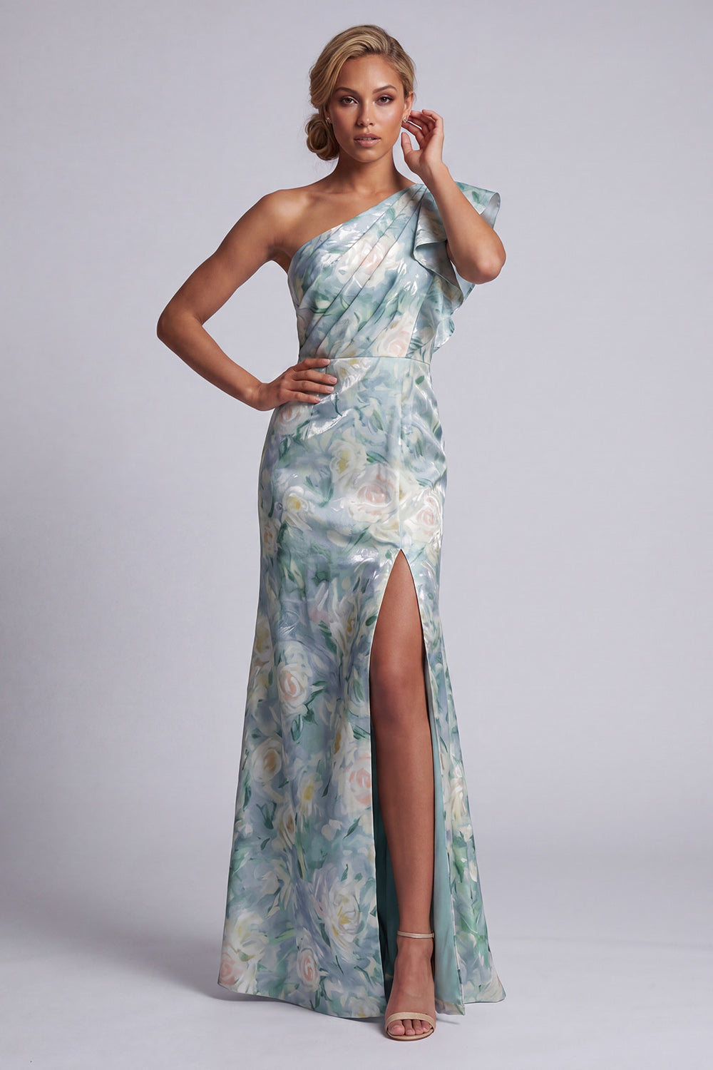Zapakasa Women Light Green Long Ruffled Floral Mother of the Bride Dress with Slit Ruched One Shoulder Mermaid Wedding Guest Dress Zapakasa Women Light Green Long Ruffled Floral Mother of the Bride Dress with Slit Ruched One Shoulder Mermaid Wedding Guest Dress