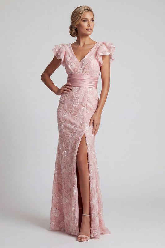 Mermaid Ruffled Sparkly Blush Long Beaded Mother of the Bride Dress with Slit