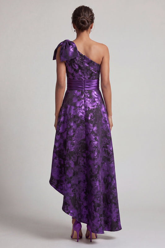 Dark Purple Floral Asymmetrical A Line Mother of the Bride Dress with Bow