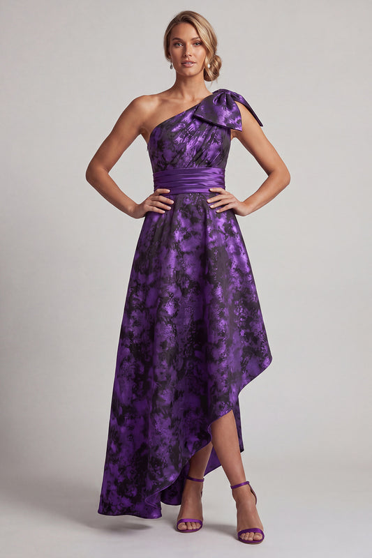 Dark Purple Floral Asymmetrical A Line Mother of the Bride Dress with Bow