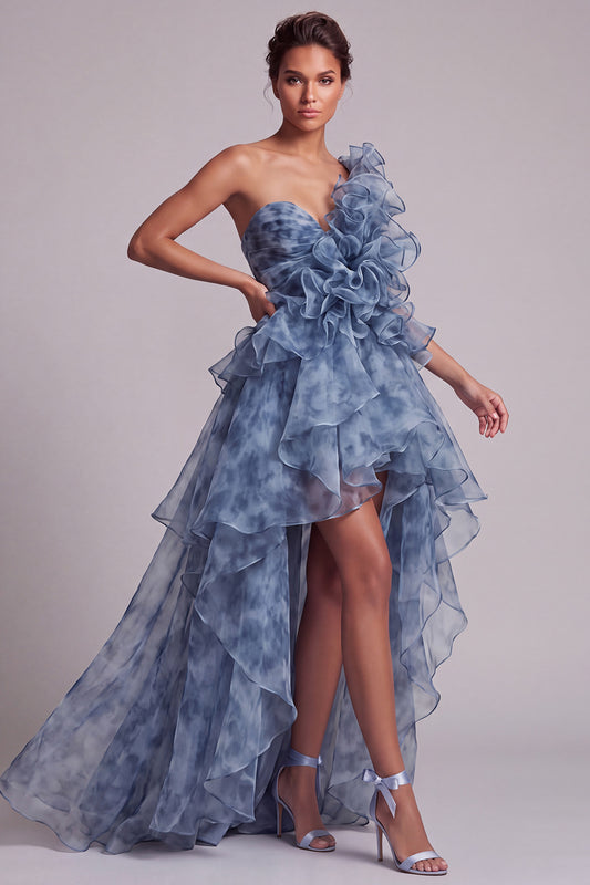 A Line Dusty Blue High Low Mother of the Bride Dress with Ruffles