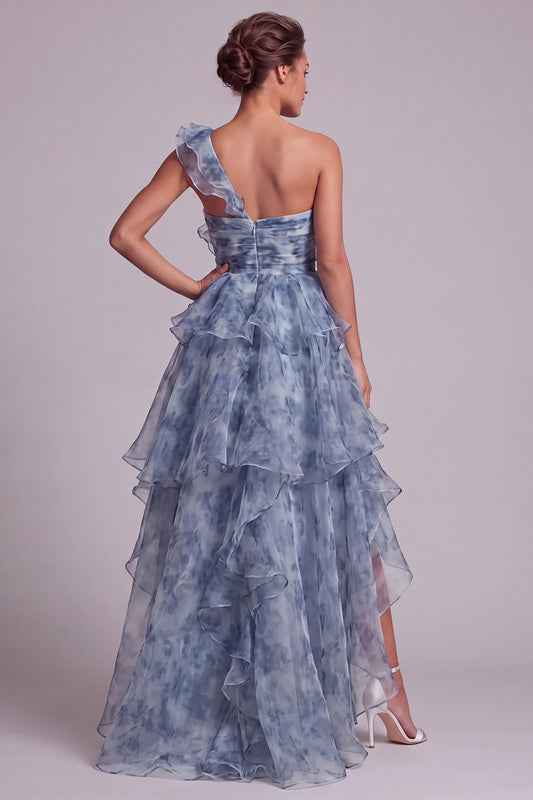 A Line Dusty Blue High Low Mother of the Bride Dress with Ruffles
