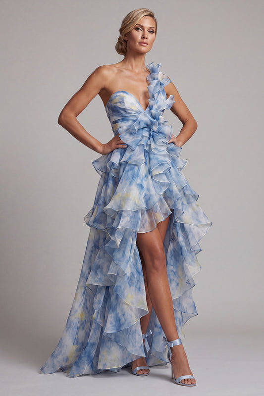A Line Dusty Blue High Low Mother of the Bride Dress with Ruffles