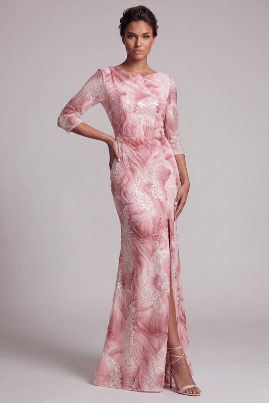 Mermaid Sparkly Blush Ruched Long Beaded Mother of the Bride Dress with Slit