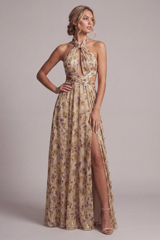 A Line Long Floral Champagne Cut Out Mother of the Bride Dress with Slit