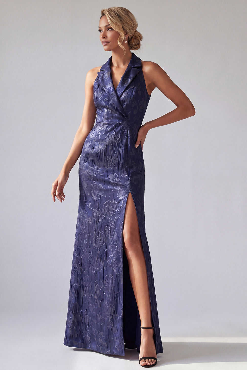 Zapakasa Women Dark Purple Floral Long Mother of the Bride Dress with Slit  Mermaid Backless Halter Wedding Guest Dress