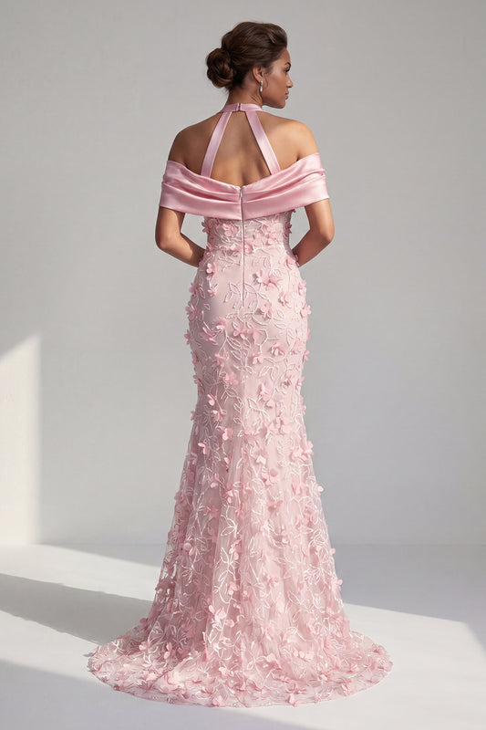 Pink Mermaid Long Floral Halter Beaded Mother of the Bride Dress