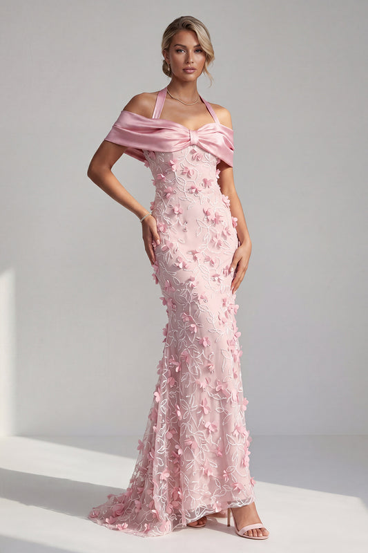 Pink Mermaid Long Floral Halter Beaded Mother of the Bride Dress
