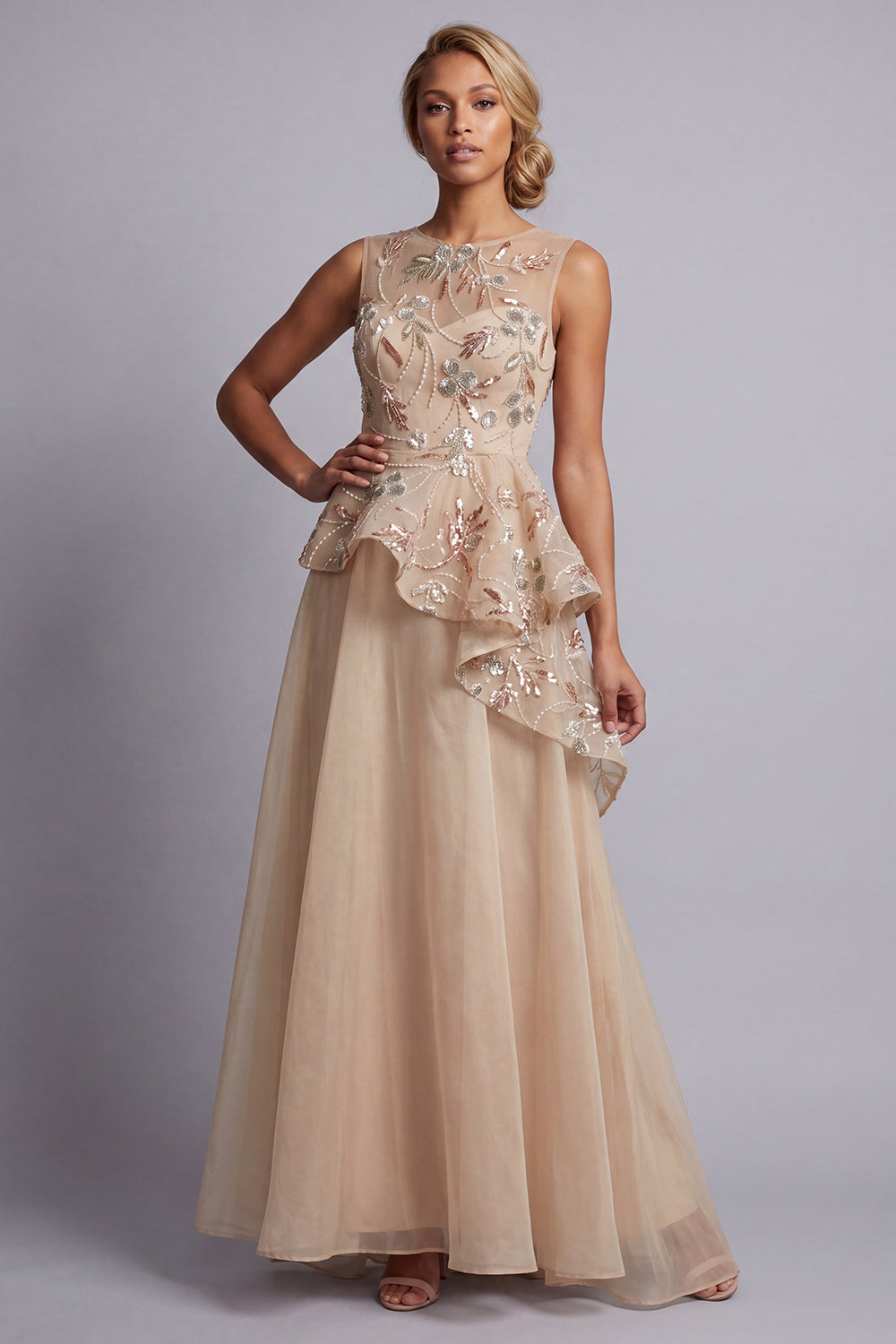 champagne beaded mother of the bride dress Lara Dresses 29149 - Long Sleeve V-Neck Mother of the Bride Gown 18 / Champagne main image 0