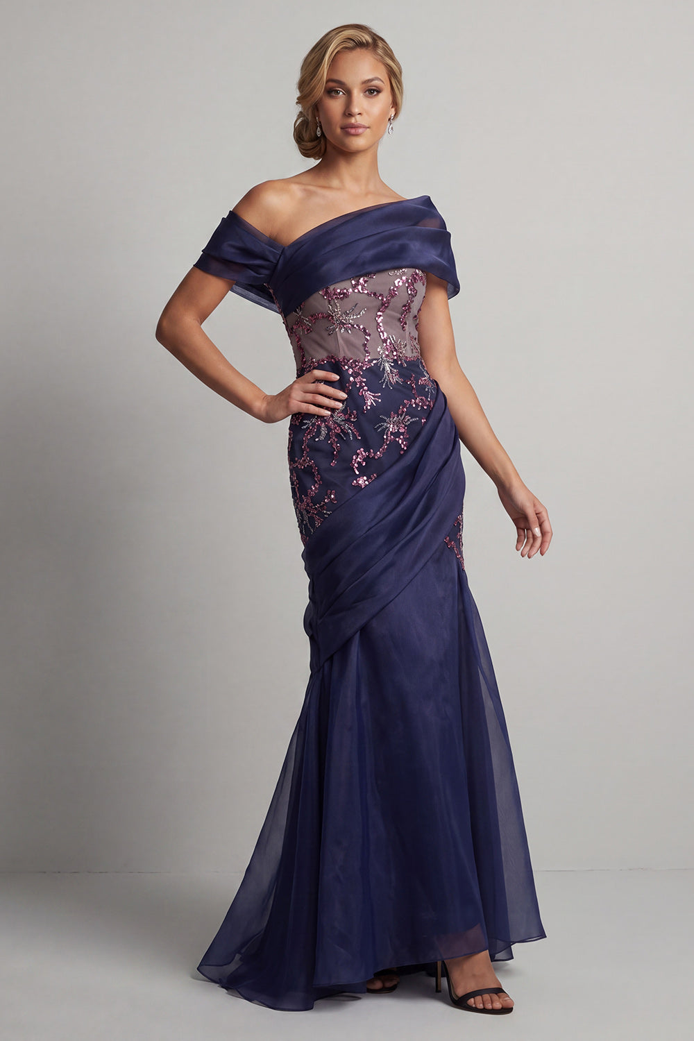 Zapakasa Women Sparkly Navy Long Floral Mother of the Bride Dress Beaded  Off the Shoulder Ruched Mermaid Evening Dress