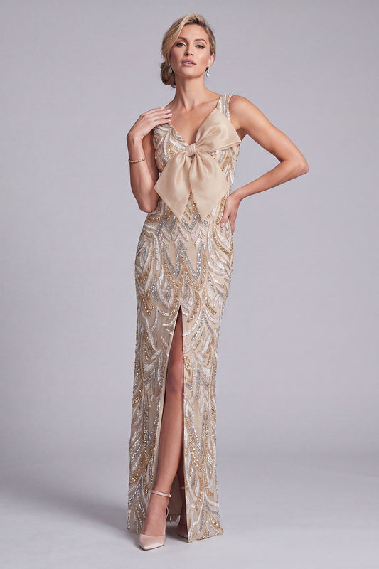 V-Neck Sparkly Champagne Long Beaded Mother of the Bride Dress with Bow