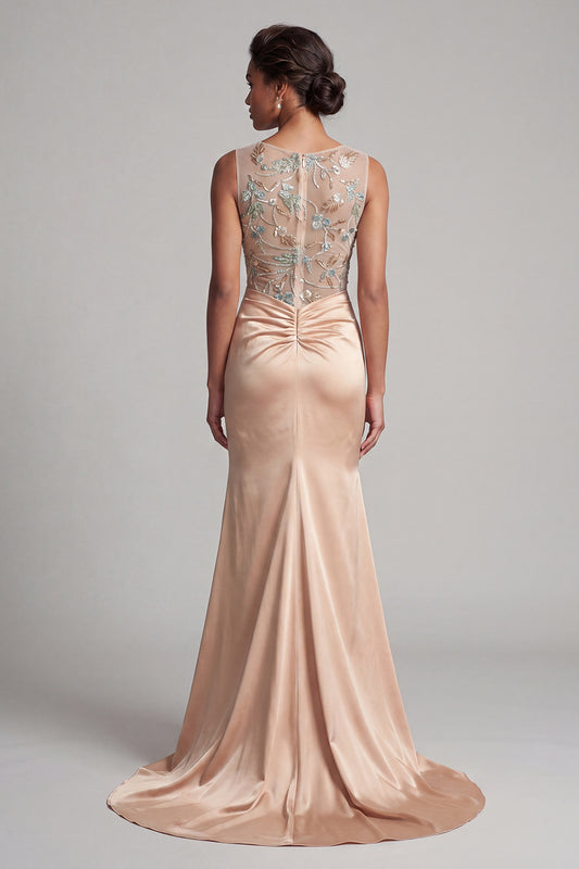 Floral Long Mermaid Ruched Champagne Beaded Mother of the Bride Dress