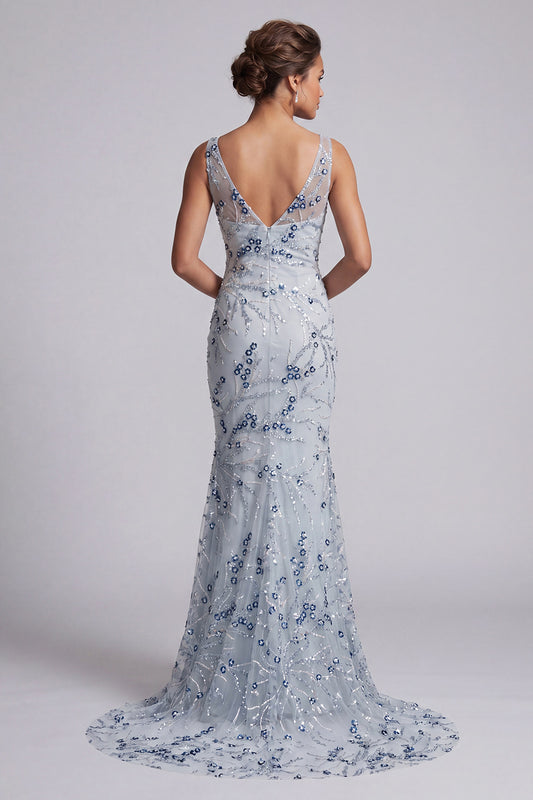 Long Floral Beaded Sparkly Light Blue Mermaid Mother of the Bride Dress