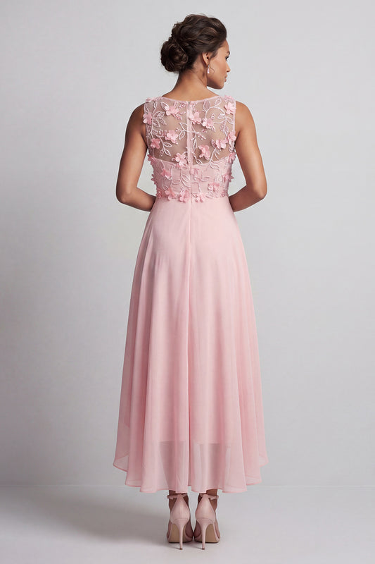 Pink Long Floral Ruffled Beaded Mother of the Bride Dress with Pockets