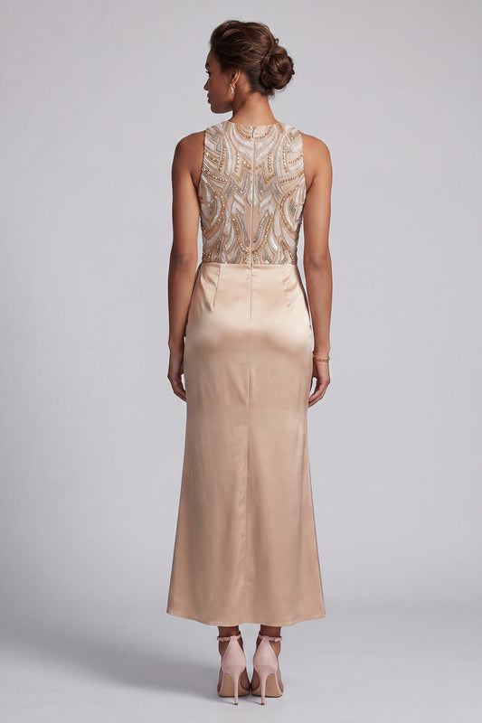 Long Beaded Mermaid Sparkly Champagne Mother of the Bride Dress with Sash