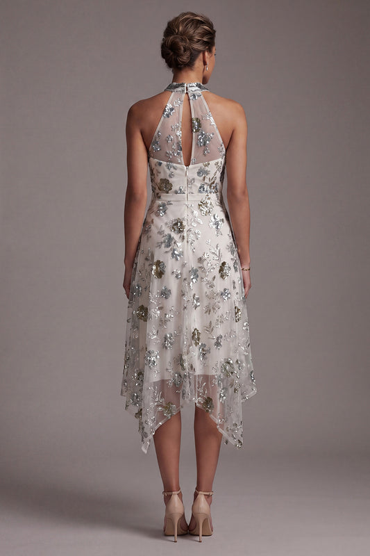 Sparkly Grey Blue Floral A Line Asymmetrical Beaded Mother of the Bride Dress