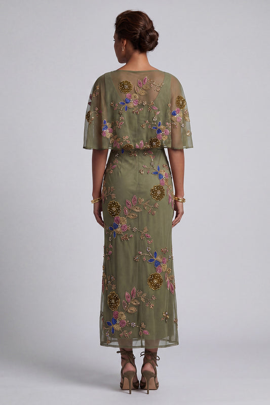 Floral Mermaid Beaded Olive Long Mother of the Bride Dress with Cape