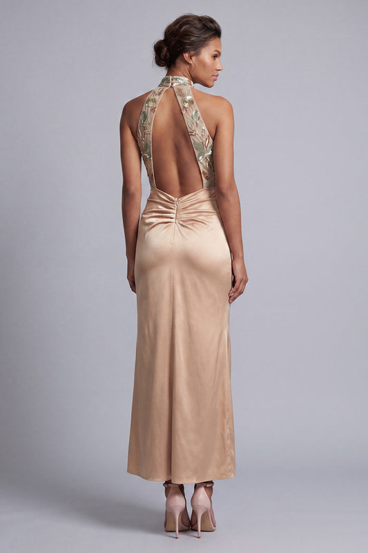 Champagne Beaded Floral Long Mermaid Mother of the Bride Dress