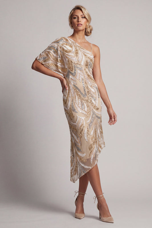 Sparkly Champagne One Shoulder Long Beaded Mother of the Bride Dress