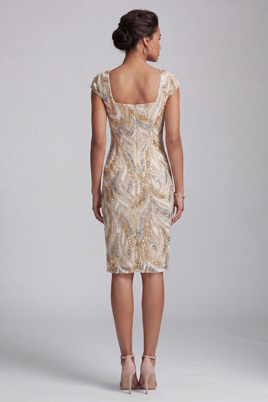 Square Neck Sparkly Champagne Midi Beaded Mother of the Bride Dress