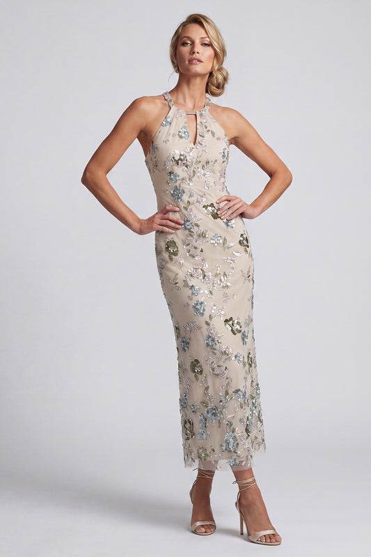 Sparkly Grey Blue Floral Sheath Keyhole Long Beaded Mother of the Bride Dress