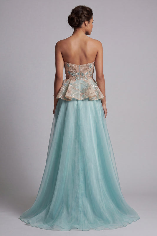 Sparkly Lake Blue Floral Long Beaded Mother of the Bride Dress with Ruffles