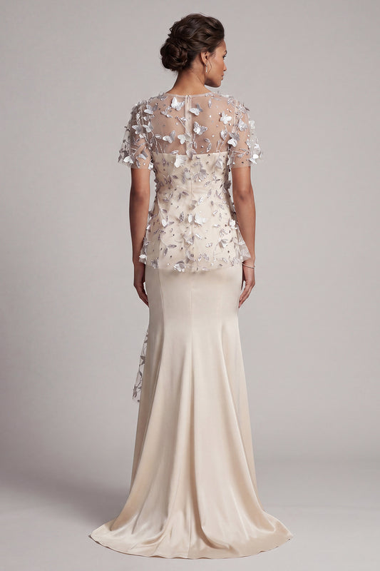 Beaded Mermaid Apricot Floral Long Mother of the Bride Dress with Ruffles