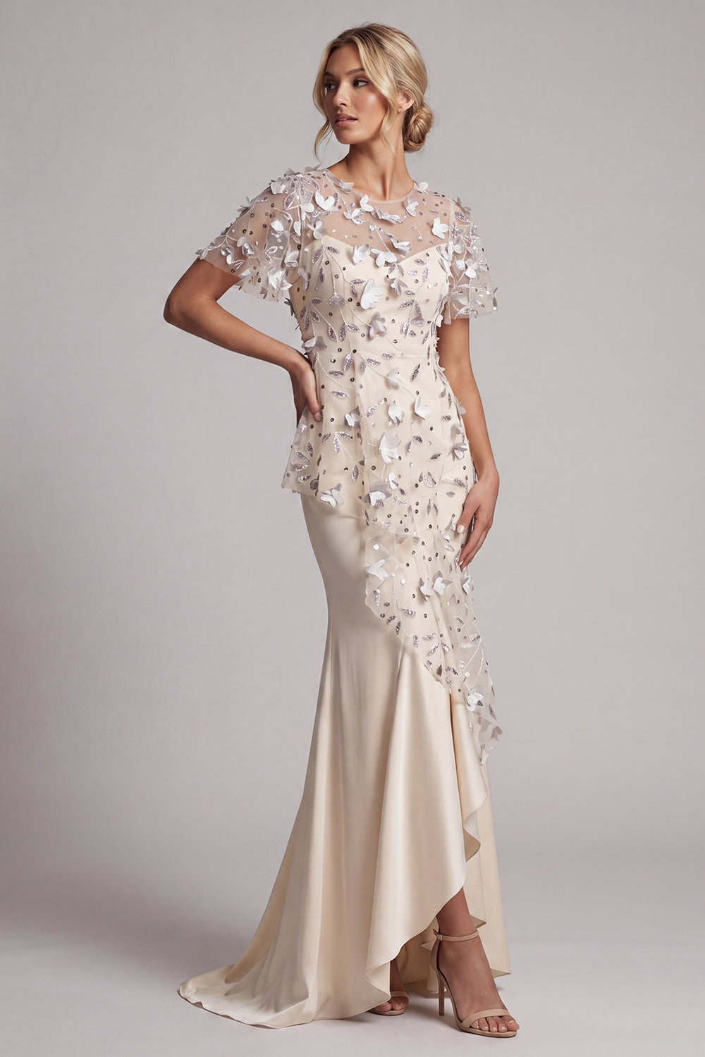 lace and beads fiona dress Zapakasa Women Apricot Floral Beaded Long Mother of the Bride Dress with  Ruffles Round Neck Short Sleeves Mermaid Wedding Guest Dress