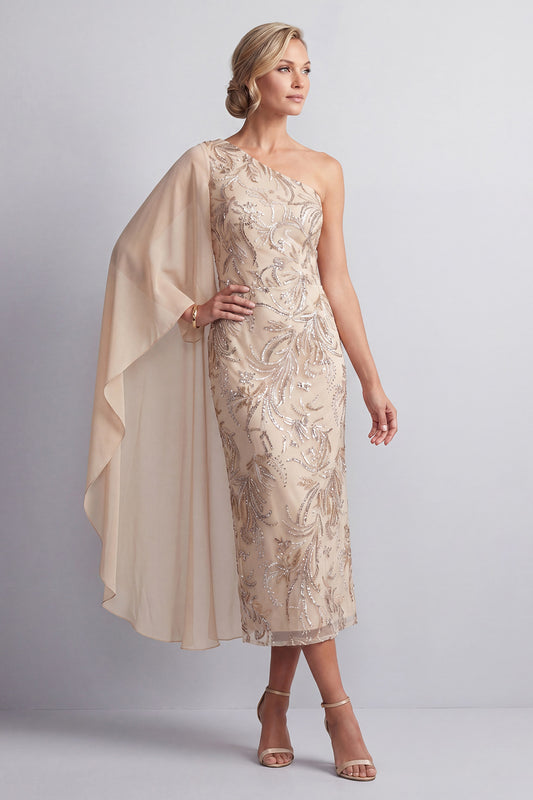 Sparkly Champagne Long Mother of the Bride Dress with Side Cape One Shoulder Beaded Sheath Wedding Guest Dress