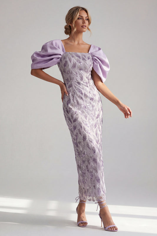 Sparkly Lilac Long Beaded Sheath Mother of the Bride Dress