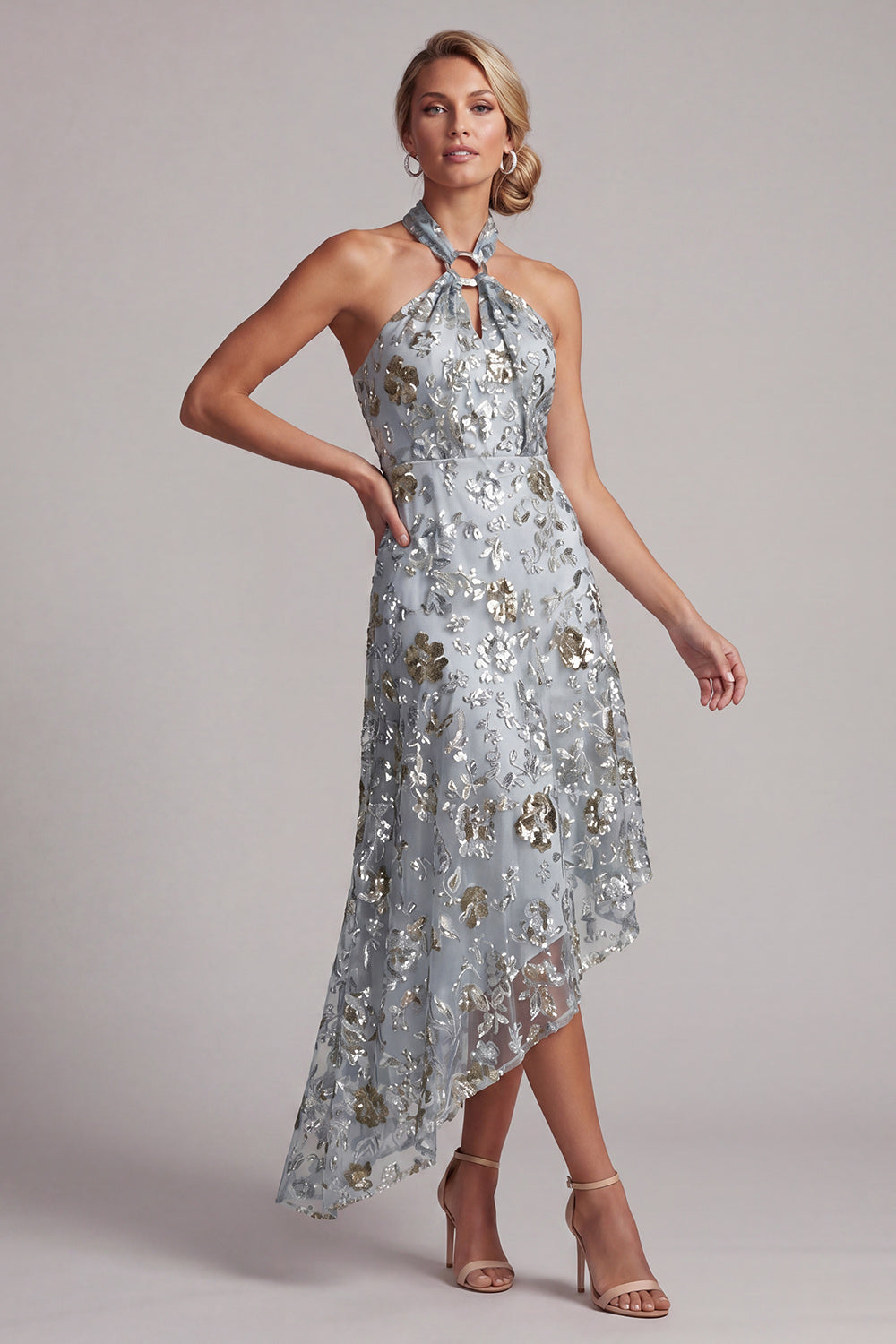 Zapakasa Women Sparkly Grey Blue Asymmetrical Floral Beaded Mother