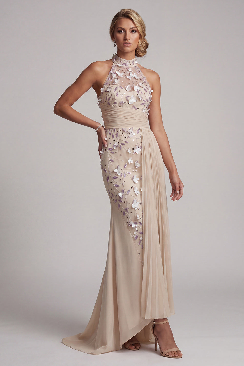 Zapakasa Women Apricot Floral Beaded Long Mother of the Bride Dress with Side Cape High Neck Mermaid Wedding Guest Dress Zapakasa Women Apricot Floral Beaded Long Mother of the Bride Dress with Side Cape High Neck Mermaid Wedding Guest Dress