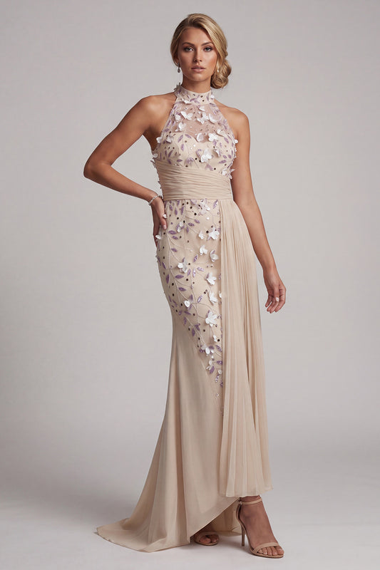 Apricot Floral Beaded Long Mother of the Bride Dress with Side Cape High Neck Mermaid Wedding Guest Dress