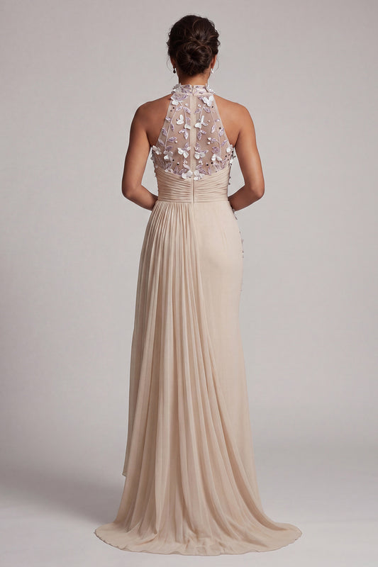 Beaded Mermaid Apricot Floral Long Mother of the Bride Dress with Side Cape