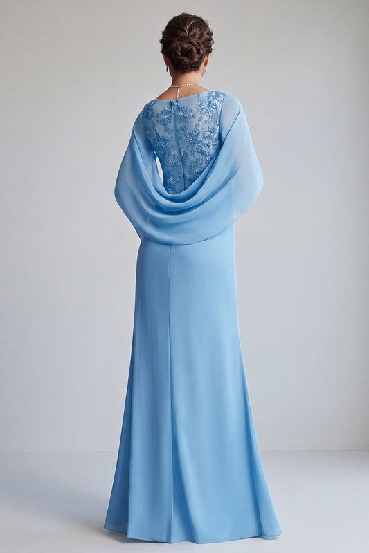 Sky Blue Mermaid Long V-Neck Mother of the Bride Dress with Ruffles